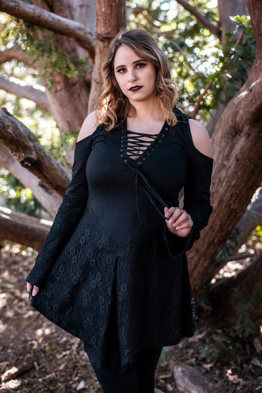 Occultist Dress, a witchy style long sleeve mini dress with lace accents, open shoulders, and a lace up chest, front view