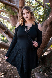 Occultist Dress, a witchy style long sleeve mini dress with lace accents, open shoulders, and a lace up chest, front view