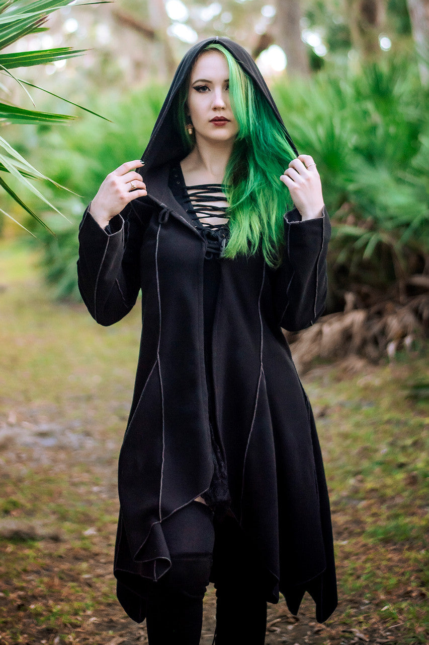 Conjurer's Coat in black hood up front angle.