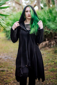 Conjurer's Coat in black hood up front angle.