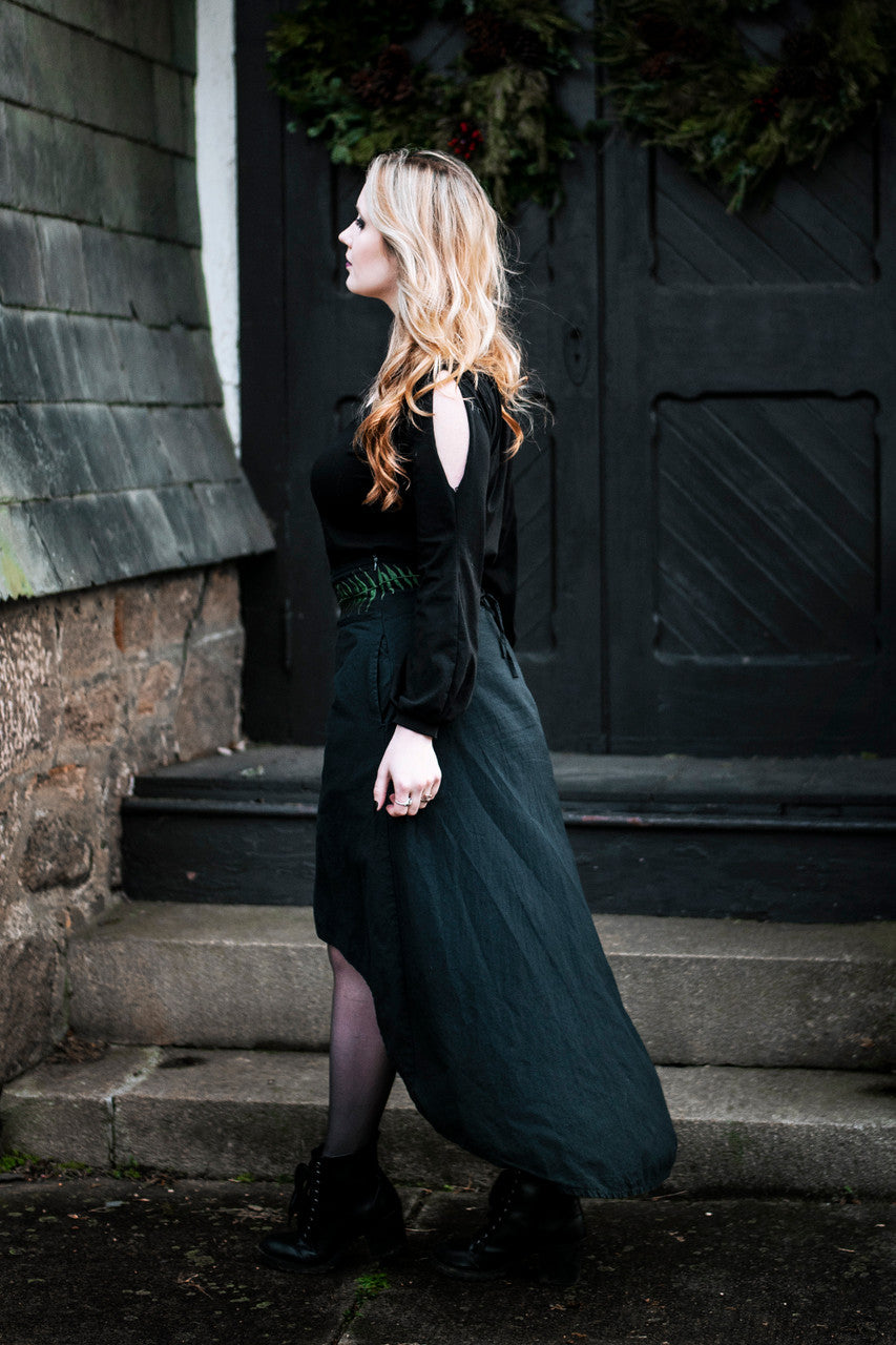Herbalist High Low Skirt with fern embroidery, side angle.