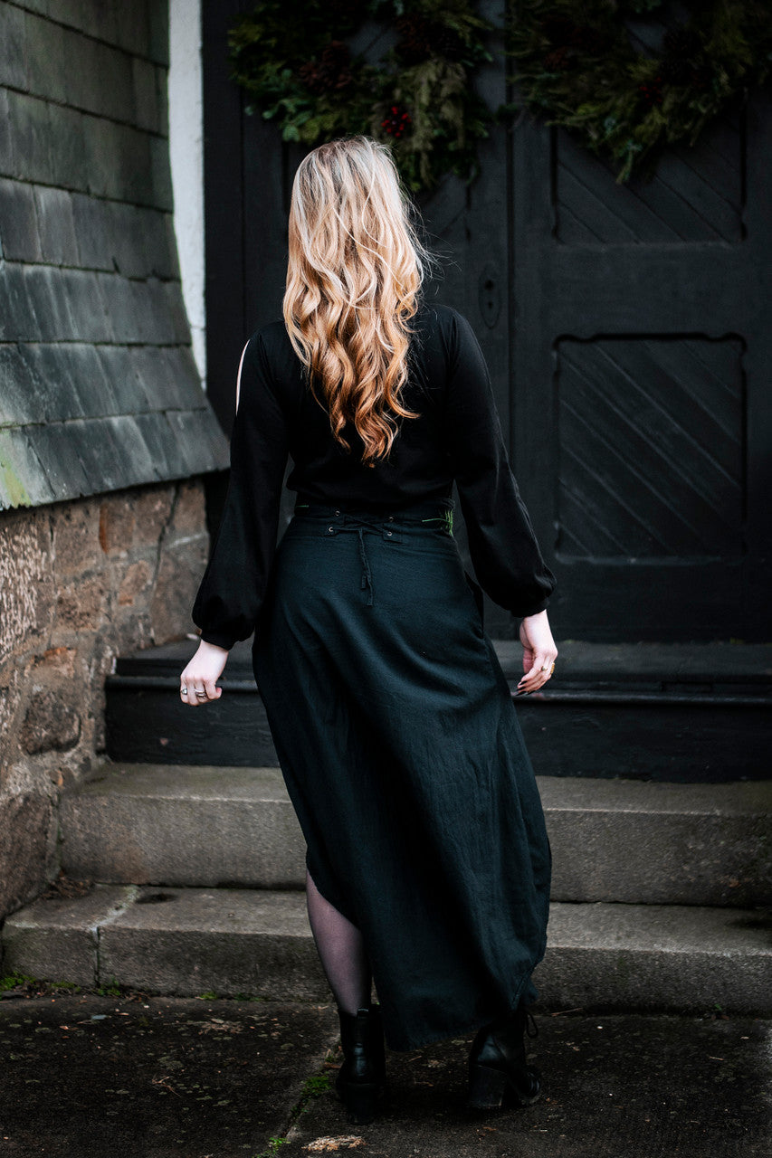 Herbalist High Low Skirt with fern embroidery and lace up ties, back angle.