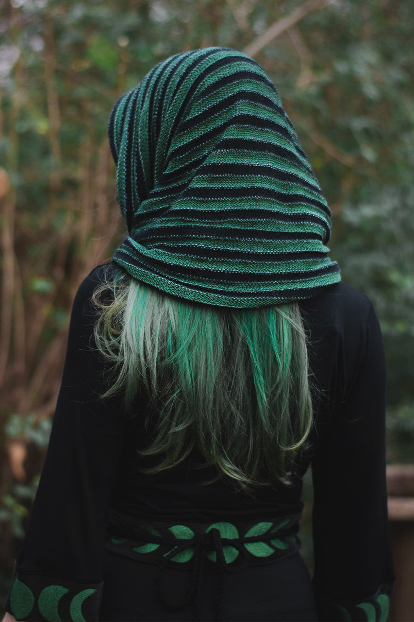 Bog Witch Infinity Scarf, black/green, worn as a cowl hood, back view