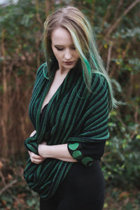 Bog Witch Infinity Scarf, black/green, worn as an over the shoulder wrap shawl