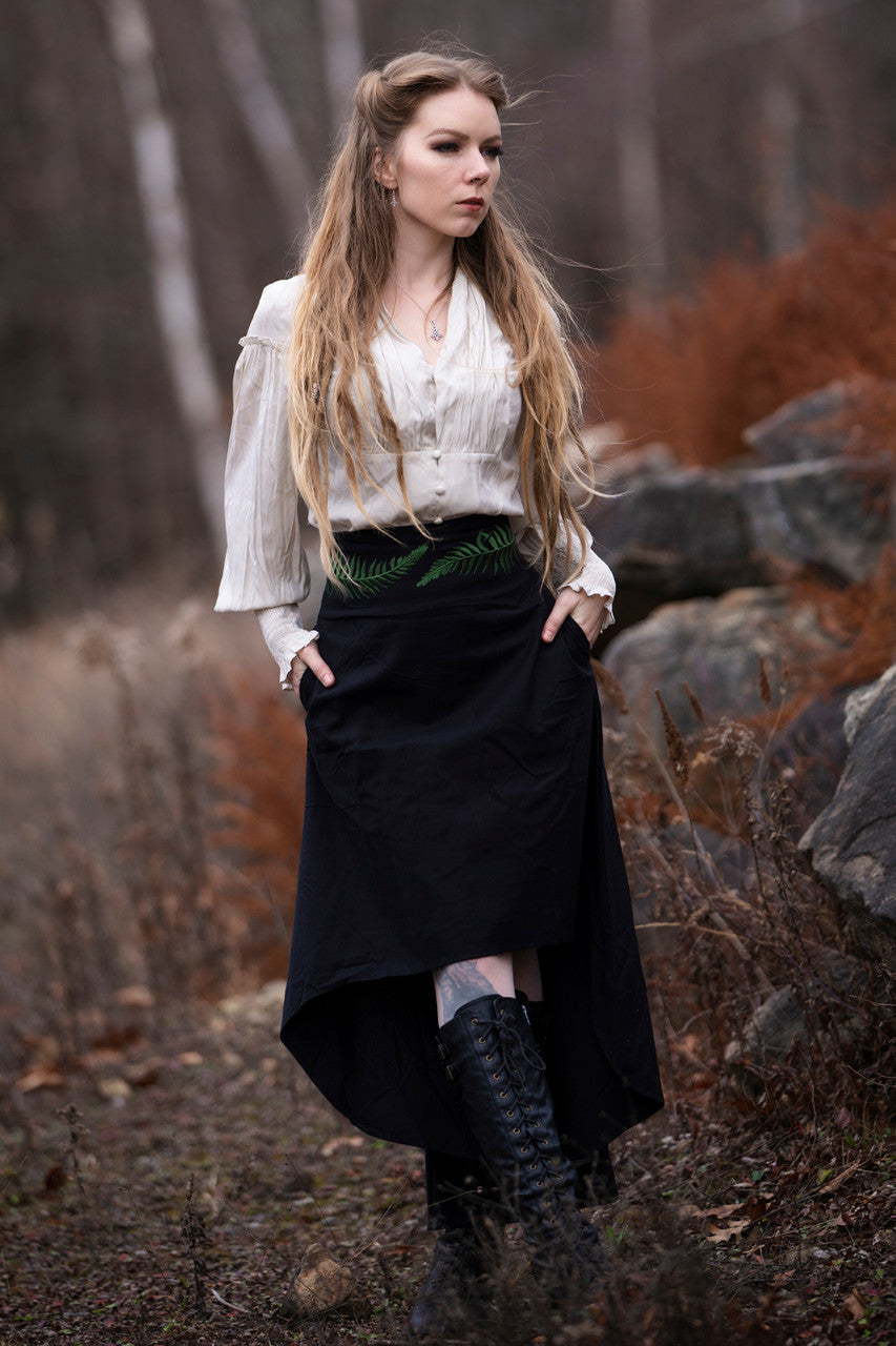Herbalist High Low Skirt with fern embroidery and pockets (model @ladyleanansidhe)