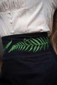 Closeup of fern embroidery on Herbalist High Low Skirt (model @ladyleanansidhe)