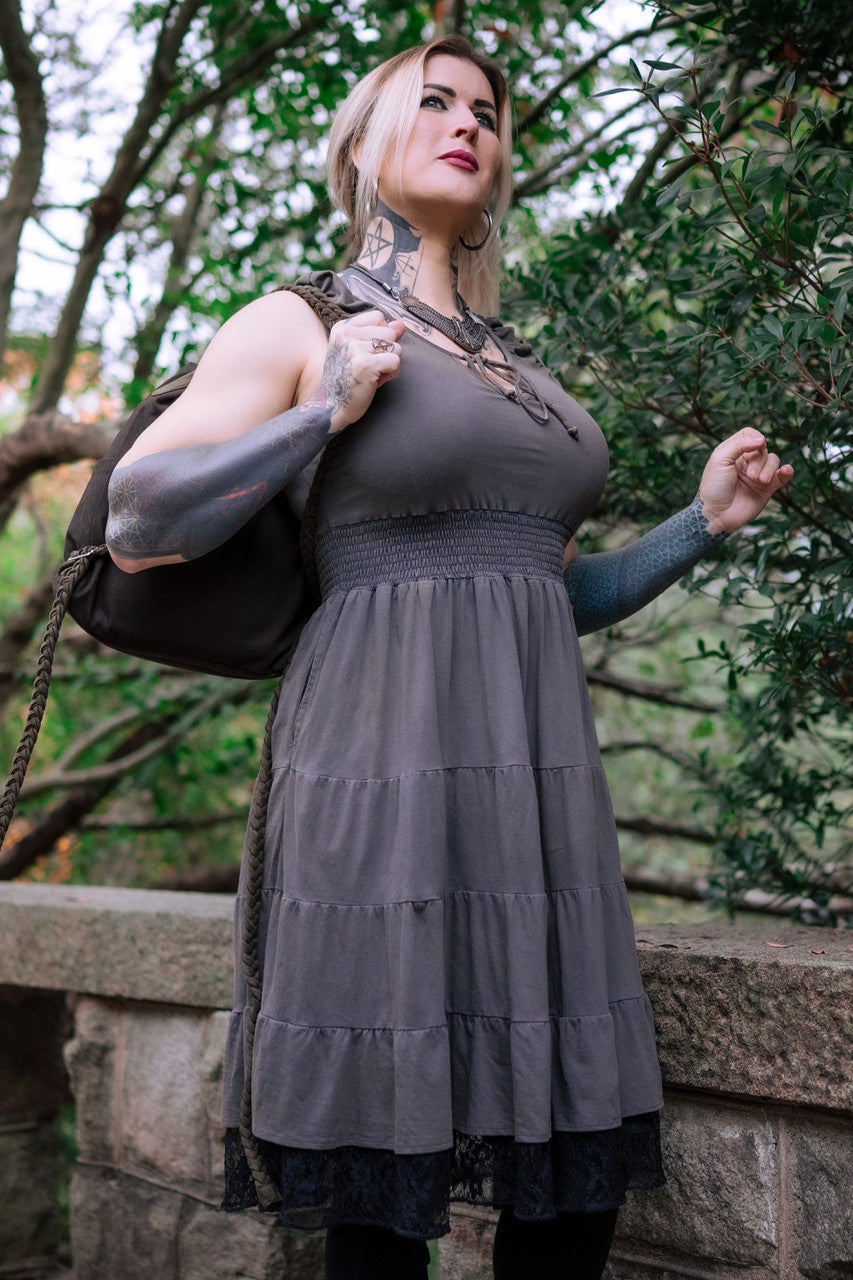 Primula Peasant Dress in gray with black lace, front side view