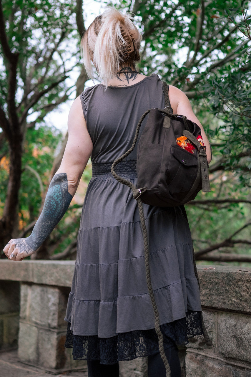 Primula Peasant Dress in gray with black lace, back view