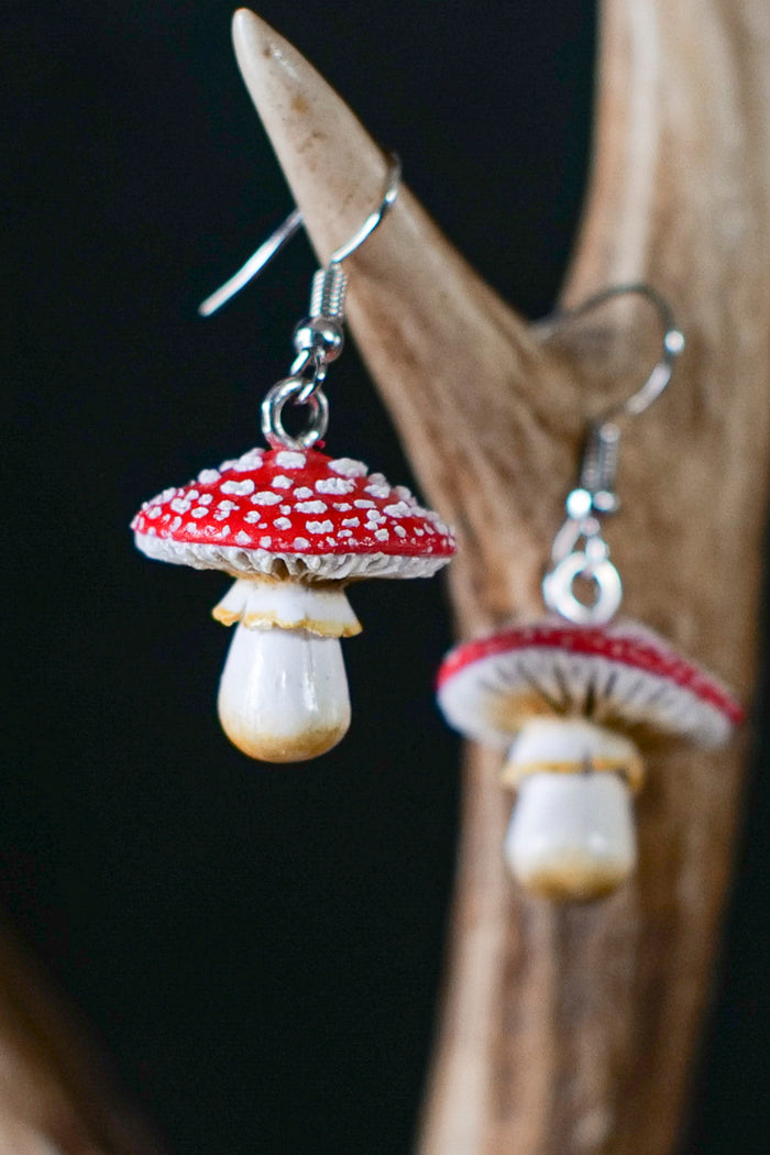 Amanita Mushroom Earrings : Molded polymer clay earrings in the shape of amanita muscaria mushrooms with red accent color.