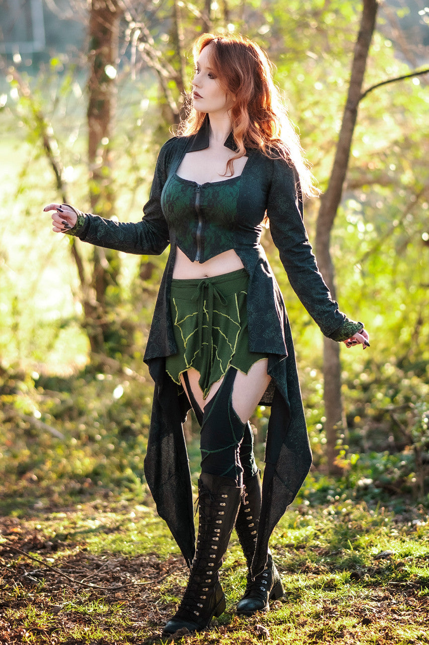 Spellcaster Tailcoat in Green, with elven blade mini skirt and elven blade garter leggings