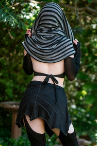 Selene Halter Top (back view) paired with Bog Witch Infinity Scarf, Conjurer's Fingerless Gloves, a black bolero sleeve top, Elven Blade Mini Skirt and Elven Blade Garter Leggings
