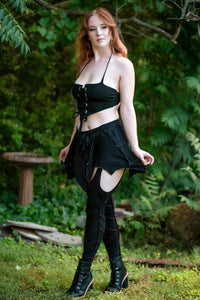 Selene Halter Top (side view) paired with Elven Blade Mini Skirt and Elven Blade Garter Leggings