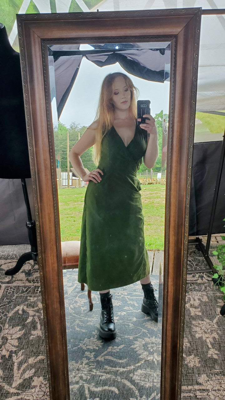 Ceridwen Apron Dress in Stonewashed Green, mirror selfie