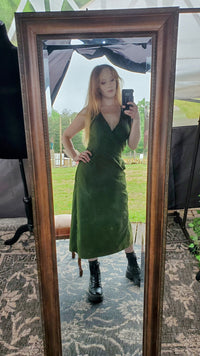 Ceridwen Apron Dress in Stonewashed Green, mirror selfie