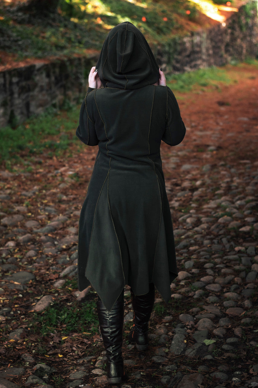 Conjurer's Coat in olive green hood up back angle.