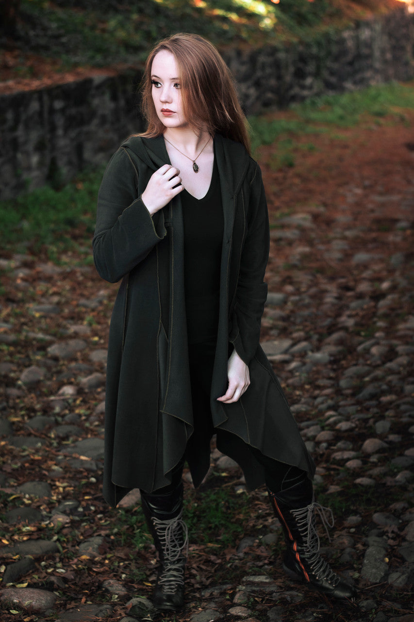 Conjurer's Coat in olive green worn open with the hood down.