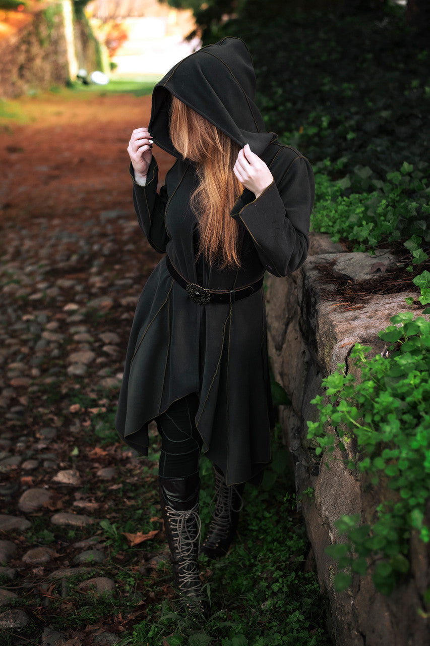 Conjurer's Coat in olive green with a belt.