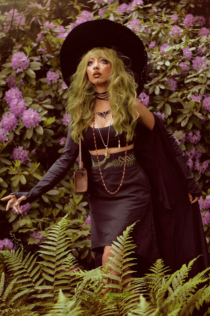 Herbalist High Low Skirt paired with bralette and Magus Hooded Duster (model @ginaxanadu)