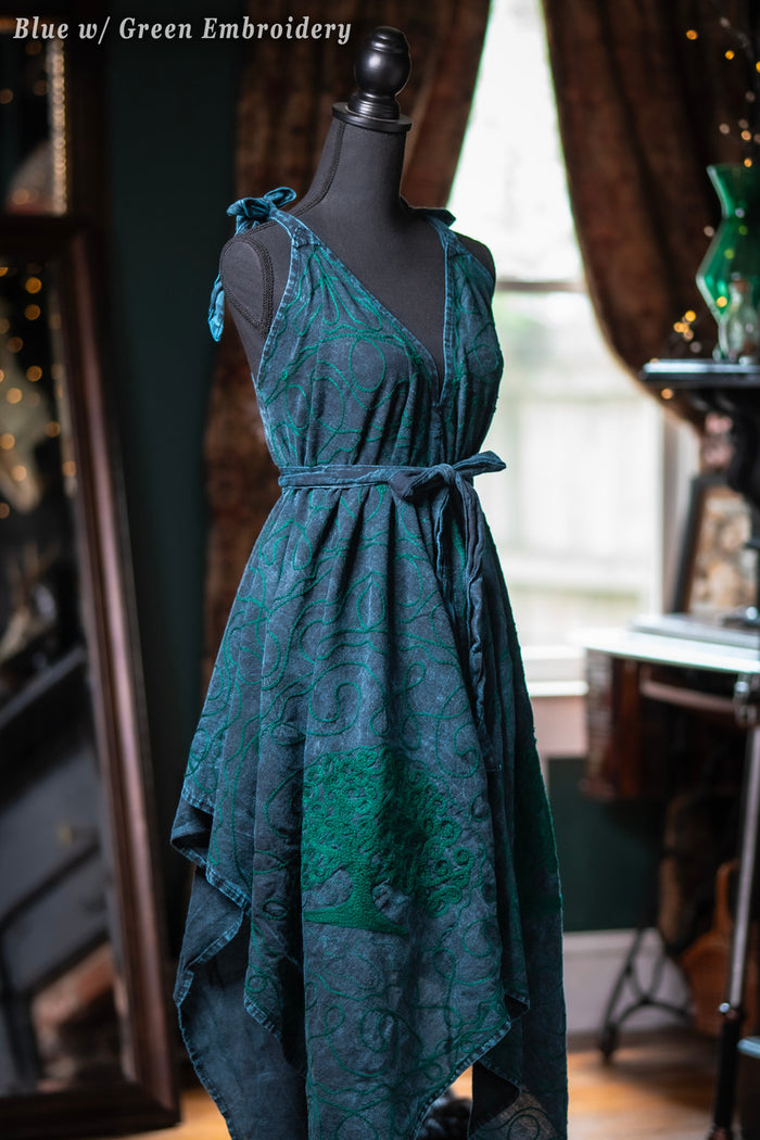 Morrigan Apron Dress, Stonewashed Blue with Green Embroidery